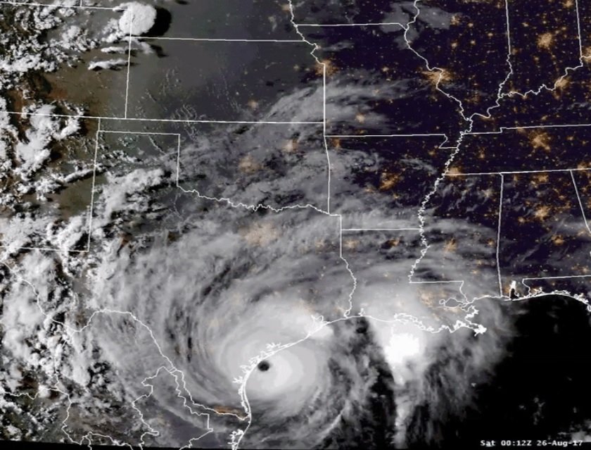 Hurricane Harvey seen from a weather satellite. This Aug. 26, 2017 image shows lights from major cities outside Texas. The storm clouds cover those same lights from Texas cities.